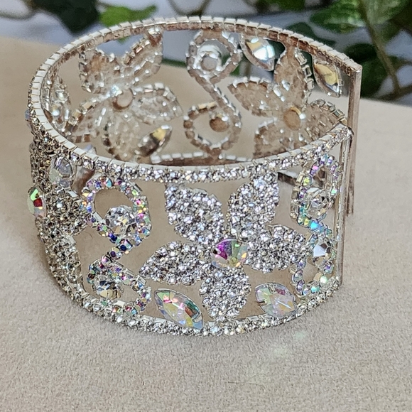 Silver Open Cuff Glam Bracelet Iridescent and Clear Crystal Design - Picture 3 of 8